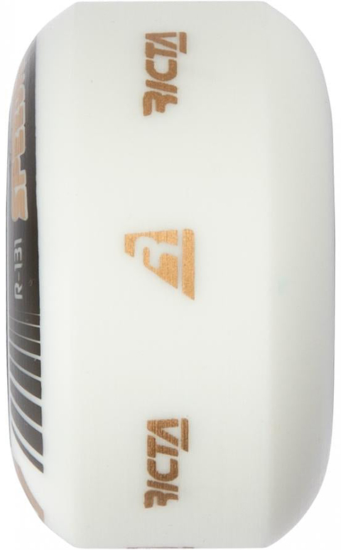 A close-up side view of a white Ricta Speedrings Slim 52mm 99A skateboard wheel featuring brown and black graphics and text on its surface.