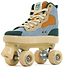 The Rio Roller Beats Quad Roller Skates by Rio Roller feature a retro high-top blue and tan sneaker-style upper with beige laces, plus four tan wheels on a beige base for durable and stylish skating.