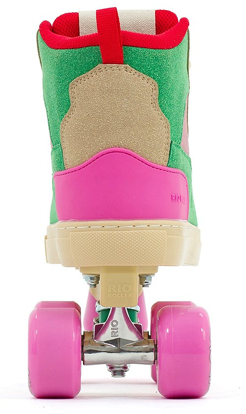The Rio Roller Beats Quad Roller Skates by Rio Roller feature a colorful vegan design in pink and green, tan and red accents, bright pink wheels, and a red pull loop at the back.