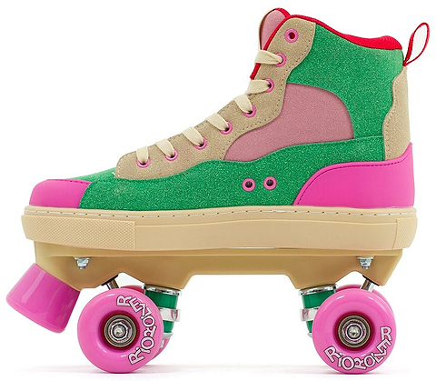 The Rio Roller Beats Quad Roller Skates in Pink/Green by Rio Roller feature a vegan high-top sneaker design with a green and pink upper, tan details, pink wheels, and a beige sole for stylish, sustainable skating.