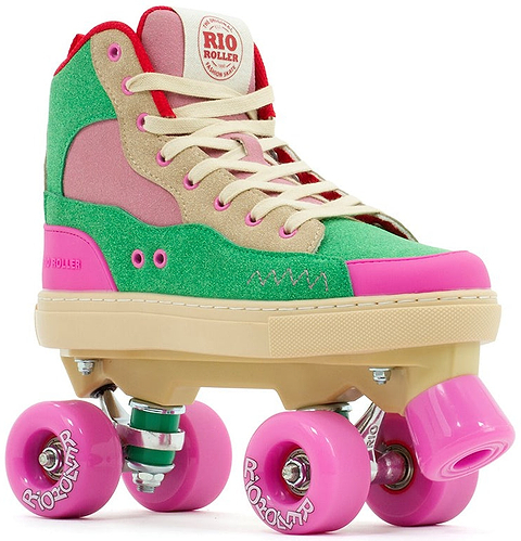 The Rio Roller Beats Quad Roller Skates in Pink/Green feature a durable high-top boot with cream laces, a beige sole, and bright pink wheels, plus the "Rio Roller" logo on the tongue and wheels.