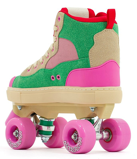 The Rio Roller Beats Quad Roller Skates by Rio Roller feature a vegan boot in green, pink, and beige with a beige sole, red trim, and pink wheels, shown on a white background.