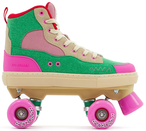 The Rio Roller Beats Quad Roller Skates by Rio Roller feature a vegan high-top boot in green, pink, beige, and red with durable beige laces, pink "Rio Roller" wheels, and a sturdy beige sole.