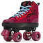 The Rio Roller Beats Quad Roller Skates in Red/Leopard feature a vibrant red and black vegan-friendly design with light blue laces, leopard print accents, pink wheels, and the Rio Roller logo on the tongue and wheels.