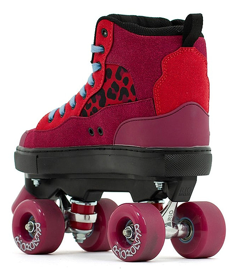 The Rio Roller Beats Quad Roller Skates - Red / Leopard by Rio Roller feature vibrant red and pink high-tops, light blue laces, leopard print sides, matching pink wheels, and a black base—ideal for stylish durability.
