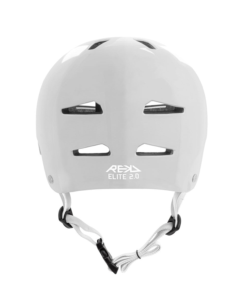 A REKD Elite 2.0 Skate / Scooter Helmet in gloss silver, featuring four ventilation slots and an adjustable chin strap, is displayed facing forward against a plain background.