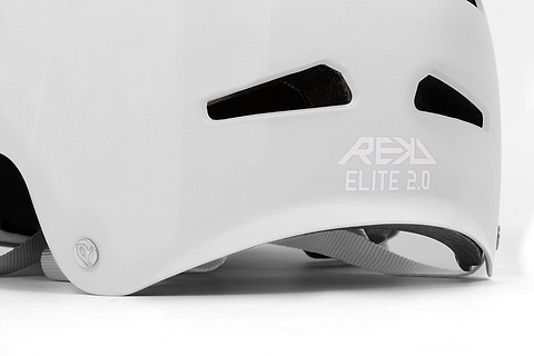 Close-up of the back of the REKD Elite 2.0 Skate / Scooter Helmet in gloss silver by REKD, featuring black vents, gray straps, and "REKD ELITE 2.0" printed on it.