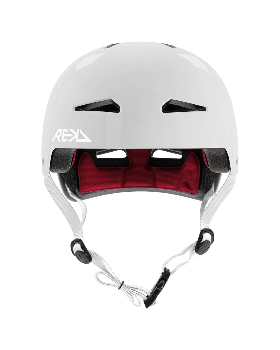 A gloss silver REKD Elite 2.0 skate/scooter helmet for action sports, featuring black vents, a red inner lining, adjustable white straps, and the REKD logo on the side—this certified helmet is shown from the front.