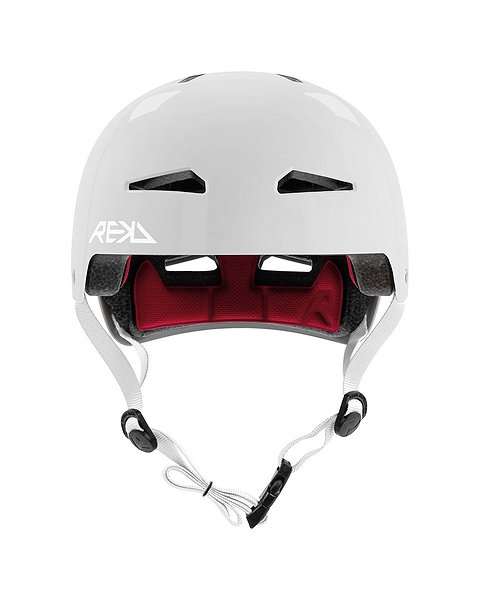 A gloss silver REKD Elite 2.0 skate/scooter helmet for action sports, featuring black vents, a red inner lining, adjustable white straps, and the REKD logo on the side—this certified helmet is shown from the front.