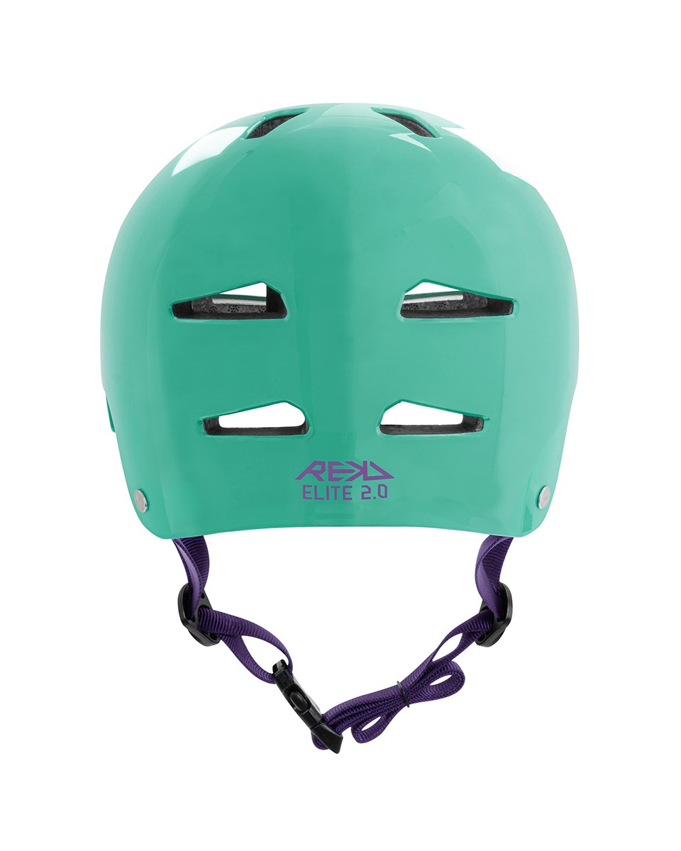 The REKD Elite 2.0 Skate / Scooter Helmet in gloss teal features four rectangular vents, black interior padding, a purple chin strap, and "REKD ELITE 2.0" in purple on the front—perfect for lightweight action sports protection.