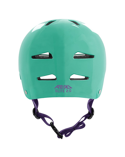 The REKD Elite 2.0 Skate / Scooter Helmet in gloss teal features four rectangular vents, black interior padding, a purple chin strap, and "REKD ELITE 2.0" in purple on the front—perfect for lightweight action sports protection.