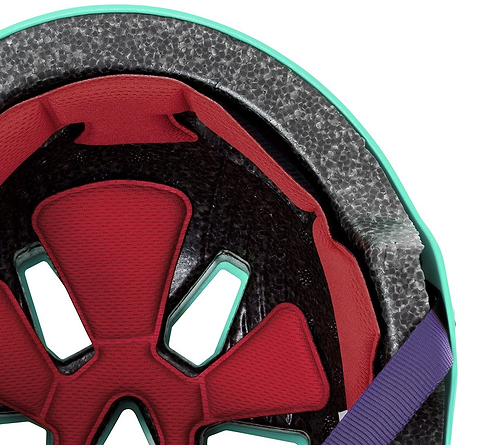 Close-up of the REKD Elite 2.0 Skate / Scooter Helmet - Gloss Teal interior, showing red padding, black inner structure, gray foam lining, and a teal shell with a purple strap.