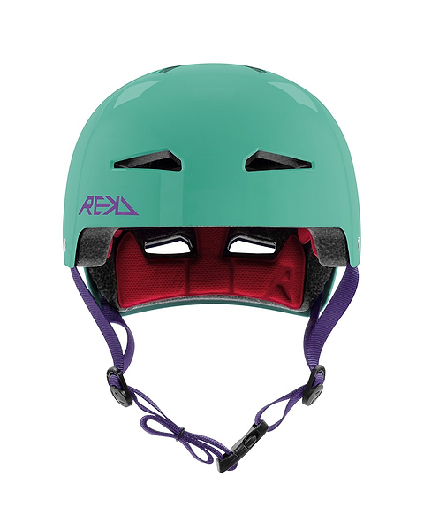 The REKD Elite 2.0 Skate / Scooter Helmet in gloss teal features two front vents, red inner padding, and adjustable purple straps. Shown from the front against a white background.