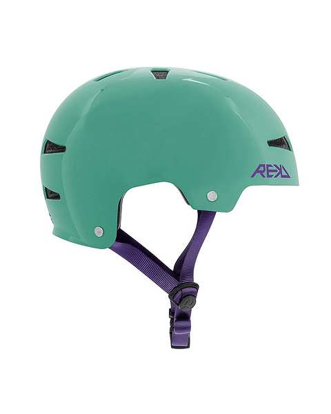 The REKD Elite 2.0 Skate/Scooter Helmet in gloss teal features purple straps and a purple "REKD" logo, displayed from a side profile against a white background.