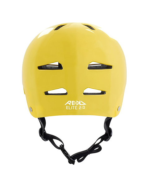 The REKD Elite 2.0 Skate / Scooter Helmet in gloss yellow features ventilation slots and an adjustable black chin strap, shown from the front against a white background.