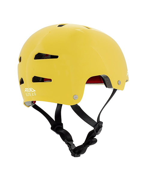 The REKD Elite 2.0 Skate / Scooter Helmet in gloss yellow features black ventilation slots, black adjustable straps, and a red interior lining for head protection during sports or outdoor activities.