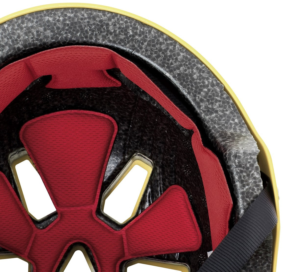 Close-up of the REKD Elite 2.0 Skate / Scooter Helmet by REKD, Gloss Yellow finish, showing red padding, black inner structure, gray foam lining, yellow outer shell, and black chin strap.