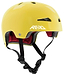 The REKD Elite 2.0 Skate / Scooter Helmet in gloss yellow features a lightweight design, black adjustable chin strap, red interior padding, ventilation holes, and a white REKD logo on the side.