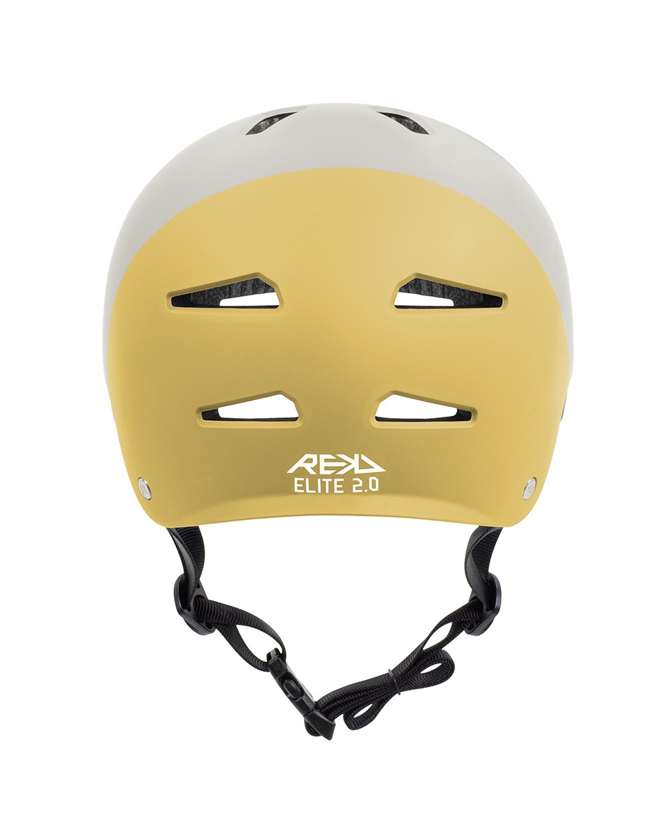 The REKD Elite 2.0 Skate/Scooter Helmet in grey and yellow features ventilation slots, black adjustable straps, and "REKD ELITE 2.0" printed in white on the back.