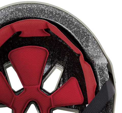 Close-up of the REKD Elite 2.0 Skate / Scooter Helmet in Grey/Yellow, showing red padding, black vent structure, grey foam, and a black strap—engineered by REKD for comfort and safety in action sports.