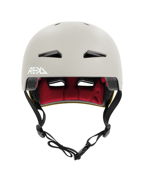 The REKD Elite 2.0 Skate / Scooter Helmet in grey/yellow is a lightweight action sports helmet with black ventilation slits, yellow interior padding, and an adjustable black chin strap, shown from the front.