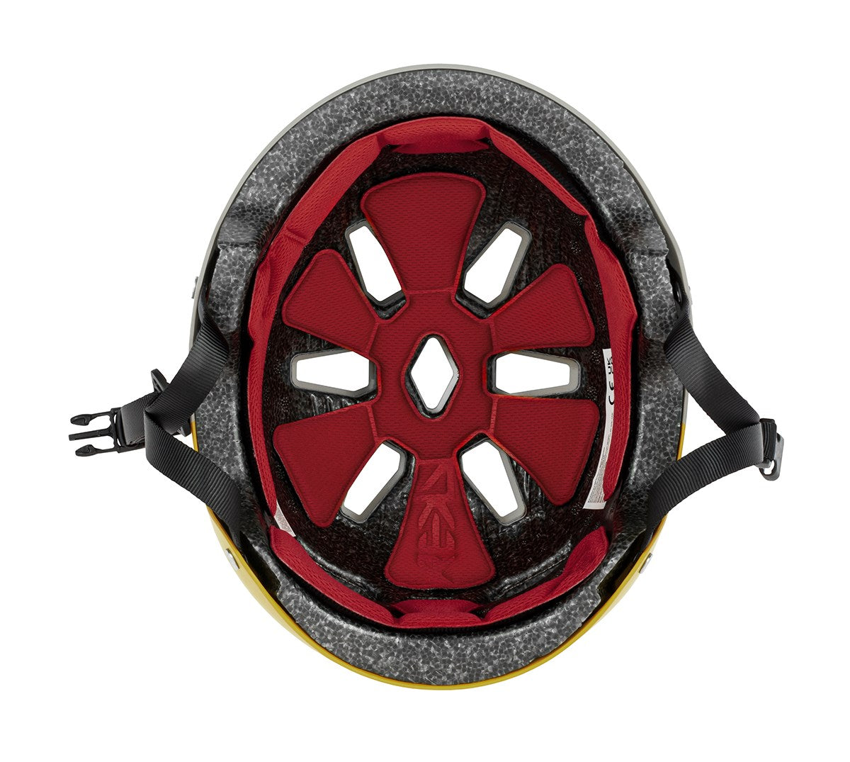 Top view of the REKD Elite 2.0 Skate/Scooter Helmet by REKD in Grey/Yellow, showing black straps, gray protective foam, and red flower-patterned padding for lightweight action sports protection.