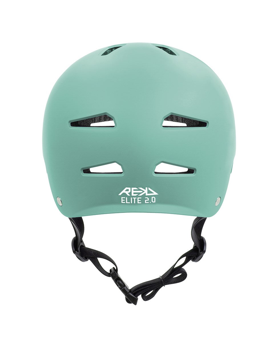 The REKD Elite 2.0 Skate/Scooter Helmet in matt teal is shown from the front with multiple ventilation slots, a black adjustable chin strap, and the white REKD Elite 2.0 logo on the lower front.