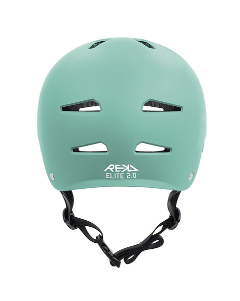 The REKD Elite 2.0 Skate/Scooter Helmet in matt teal is shown from the front with multiple ventilation slots, a black adjustable chin strap, and the white REKD Elite 2.0 logo on the lower front.