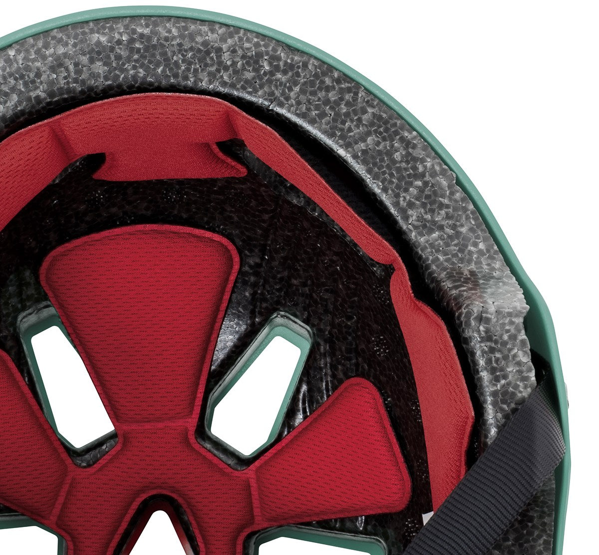 Close-up of the REKD Elite 2.0 Skate / Scooter Helmet - Matt Teal interior, highlighting red cushioned padding, black support structure, grey foam lining, and an adjustable black strap.