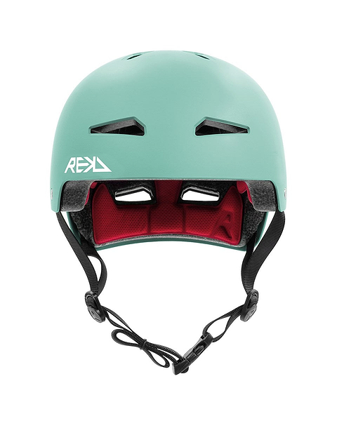 A REKD Elite 2.0 Skate/Scooter Helmet in matt teal with black adjustable straps, ventilation holes, and red interior padding, shown from the front on a white background.