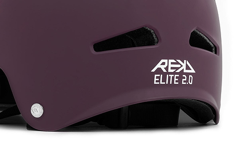 Close-up of a peach/purple REKD Elite 2.0 Skate/Scooter Helmet featuring ventilation holes, a silver screw, and the white REKD Elite 2.0 logo on the side.