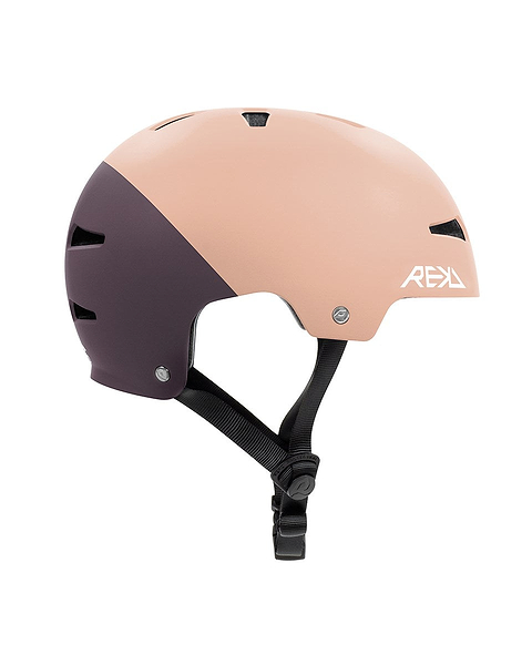 The REKD Elite 2.0 Skate/Scooter Helmet in Peach/Purple is a lightweight, two-tone helmet with a matte finish, black adjustable straps, ventilation holes, and a white REKD logo on the side.