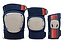 The REKD Shield Triple Skate Protection Pad Set - Blue by REKD includes three blue protective pads—a knee pad, an elbow pad, and wrist guards—each with a hard beige shell and red-striped blue straps, displayed upright on a white background.