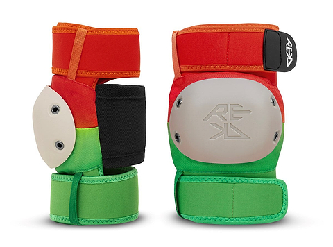 The REKD Shield Triple Skate Protection Pad Set in Fade Orange / Green, by REKD, showcases two vibrant wrist guards with bold red, orange, green, and black sections accented by white protective plates. The wrist guards are displayed side by side against a white background.