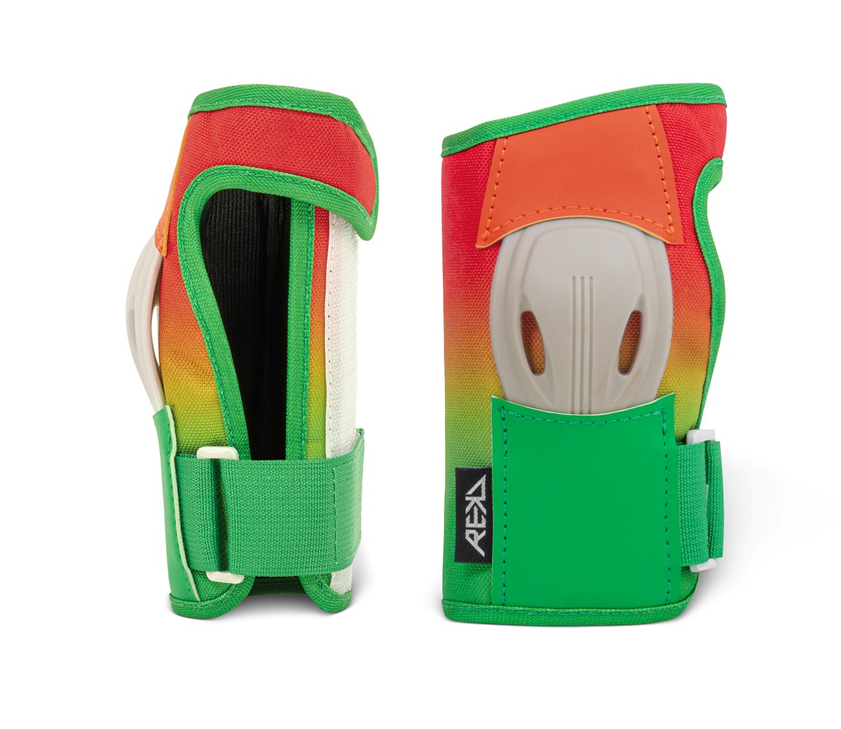 Pair of vibrant wrist guards from the REKD Shield Triple Skate Protection Pad Set - Fade Orange / Green, featuring green straps, a red-orange gradient fabric, and sturdy beige protective plates; pictured from both front and side views, these REKD wrist guards provide essential protection for activities like skating or action sports.
