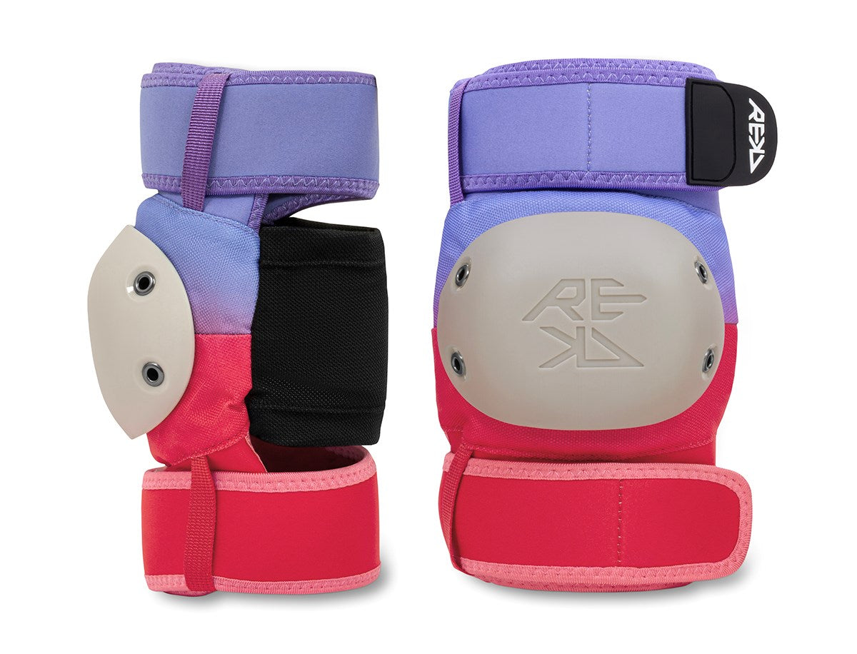 The REKD Shield Triple Skate Protection Pad Set in Fade Red / Violet includes two pairs of protective wrist guards from REKD, designed for action sports. Featuring purple, pink, and red padding with gray plastic plates and black Velcro straps, these wrist guards are part of the triple pad set and are displayed on a white background.