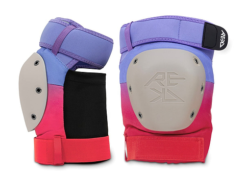 Two REKD Shield Triple Skate Protection knee pads from the Fade Red / Violet set are displayed from different angles on a white background, featuring vibrant purple, pink, and red panels, durable gray hard shells, and adjustable straps for secure action sport protection.
