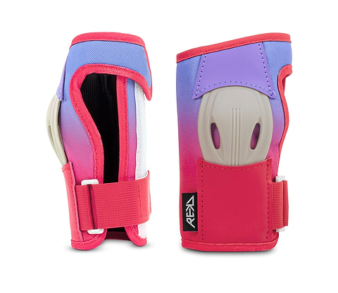 The REKD Shield Triple Skate Protection Pad Set in Fade Red / Violet features two vibrant wrist guards designed by REKD for action sport protection, complete with adjustable straps and hard plastic protective inserts, displayed from front and side angles on a white background.