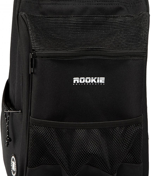 A close-up of the Rookie Classic 78 Skate Bag - Black by Rookie, featuring mesh pockets and "ROOKIE" printed in white on the front pocket—perfect for carrying your skates and keeping your gear organized.