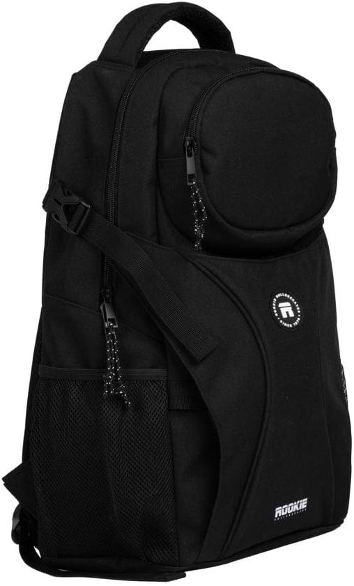 Introducing the Rookie Skatepack Classic 78 25 L Backpack in black. This versatile skate backpack by Rookie features a spacious main compartment, a round top pocket, a front zipper pocket, and a mesh side pocket—all with sleek black zipper pulls. Adjustable straps ensure comfort, while the iconic “Rookie” logo on the lower front highlights its signature style.