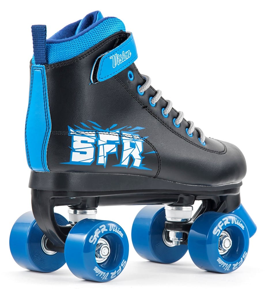 The SFR Vision II Quad Roller Skates - Blue feature a black and blue design, four blue polyurethane wheels, blue laces, "SFR" branding, and a high ankle style for great support and comfort.