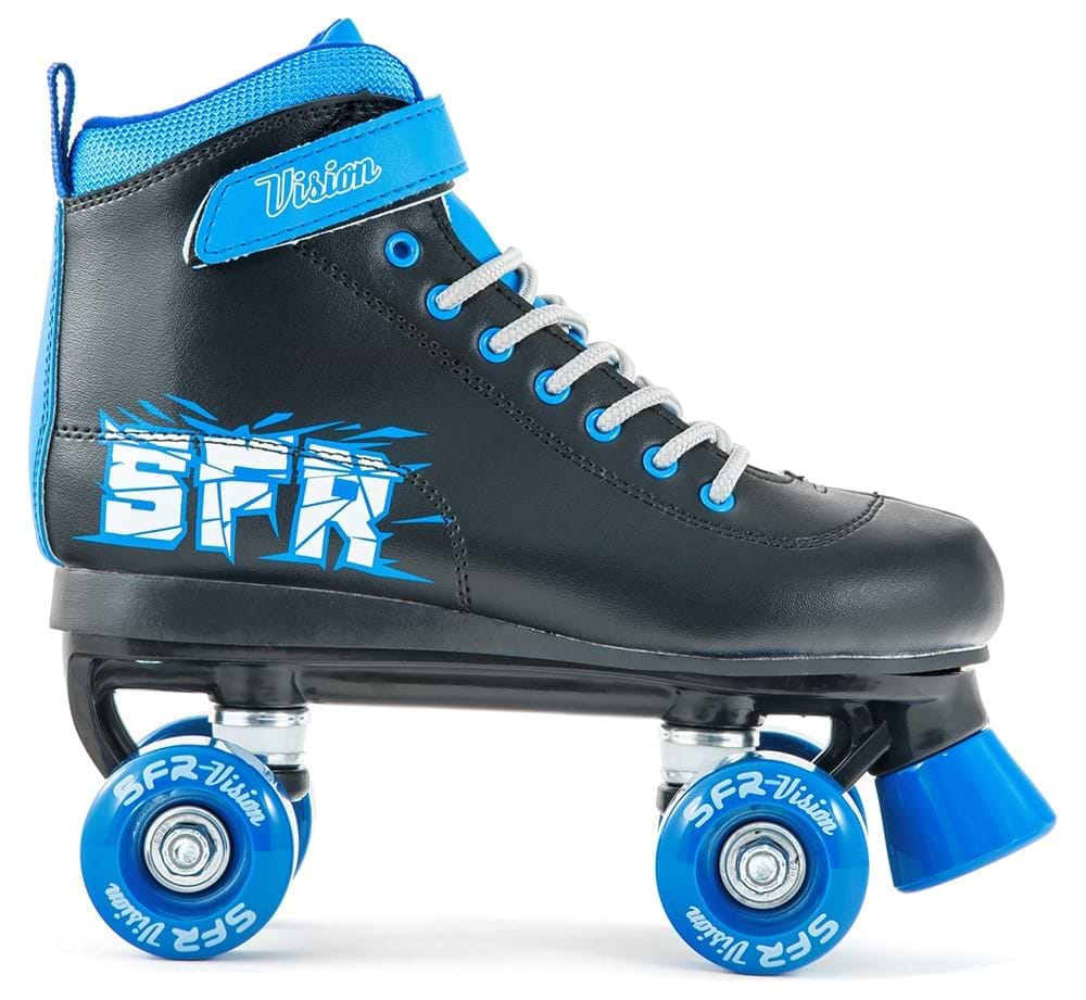The SFR Vision II Quad Roller Skates - Blue feature a black and blue design, blue polyurethane wheels and laces, the SFR brand on the side, high ankle support, and silver eyelets for secure lacing.