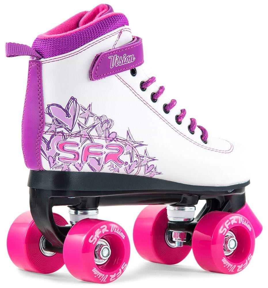 The SFR Vision II Quad Roller Skates - Purple by SFR feature a white and pink design with purple accents, pink polyurethane wheels, and pink laces. A butterfly graphic with "SFR Vision" decorates the side. Designed for comfort and ankle support.