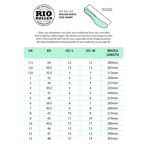 Rio Roller Beats Quad Roller Skates - Blue/Tan size chart by Rio Roller displays UK, EU, US/L, US/M sizes and insole lengths in mm. Includes heel-to-toe measuring diagram and sizing tip; perfect for vegan-friendly skates.