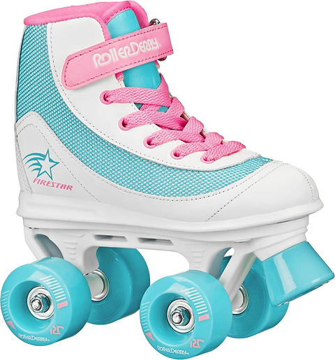 A stylish children’s roller skate, the Roller Derby Firestar V2 Quad Roller Skates - BubbleGum by Roller Derby, features a white and blue design with pink laces and accents, teal wheels, and the “Roller Derby” brand name on the tongue.