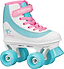 A stylish children’s roller skate, the Roller Derby Firestar V2 Quad Roller Skates - BubbleGum by Roller Derby, features a white and blue design with pink laces and accents, teal wheels, and the “Roller Derby” brand name on the tongue.
