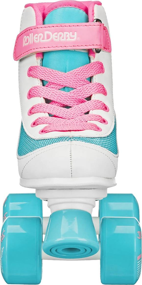 Front view of the Roller Derby Firestar V2 Quad Roller Skates - BubbleGum by Roller Derby, featuring a stylish white, teal, and pink design with pink laces, teal wheels, and a pink strap labeled “Roller Derby”—perfect as a vibrant children’s roller skate.