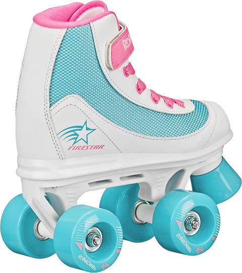 A turquoise and white children’s roller skate with pink laces and accents, four turquoise wheels, a white boot with mesh panels, and a star design—just like the Roller Derby Firestar V2 Quad Roller Skates - BubbleGum from Roller Derby.