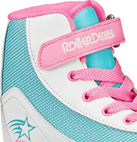 A close-up of the Roller Derby Firestar V2 Quad Roller Skates - BubbleGum showcases a vibrant children’s roller skate in turquoise and white, featuring pink laces, a pink strap labeled “ROLLER DERBY,” and a star design on the side. Perfect for young skaters seeking both style and comfort, these stylish skates are made by Roller Derby.