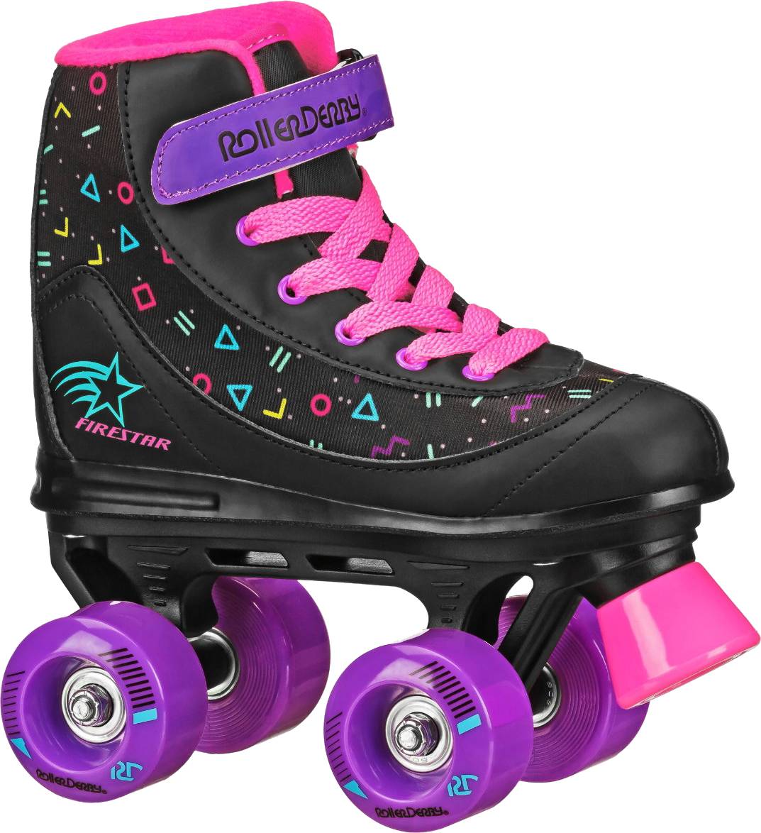 The Roller Derby Firestar V2 Quad Roller Skates – Midnight Prism feature a vibrant black boot adorned with geometric designs, complemented by pink laces and a matching pink strap with the “Roller Derby” logo. These stylish roller skates are equipped with bright purple wheels, a coordinating pink toe stop, and ankle padding for added comfort and flair.